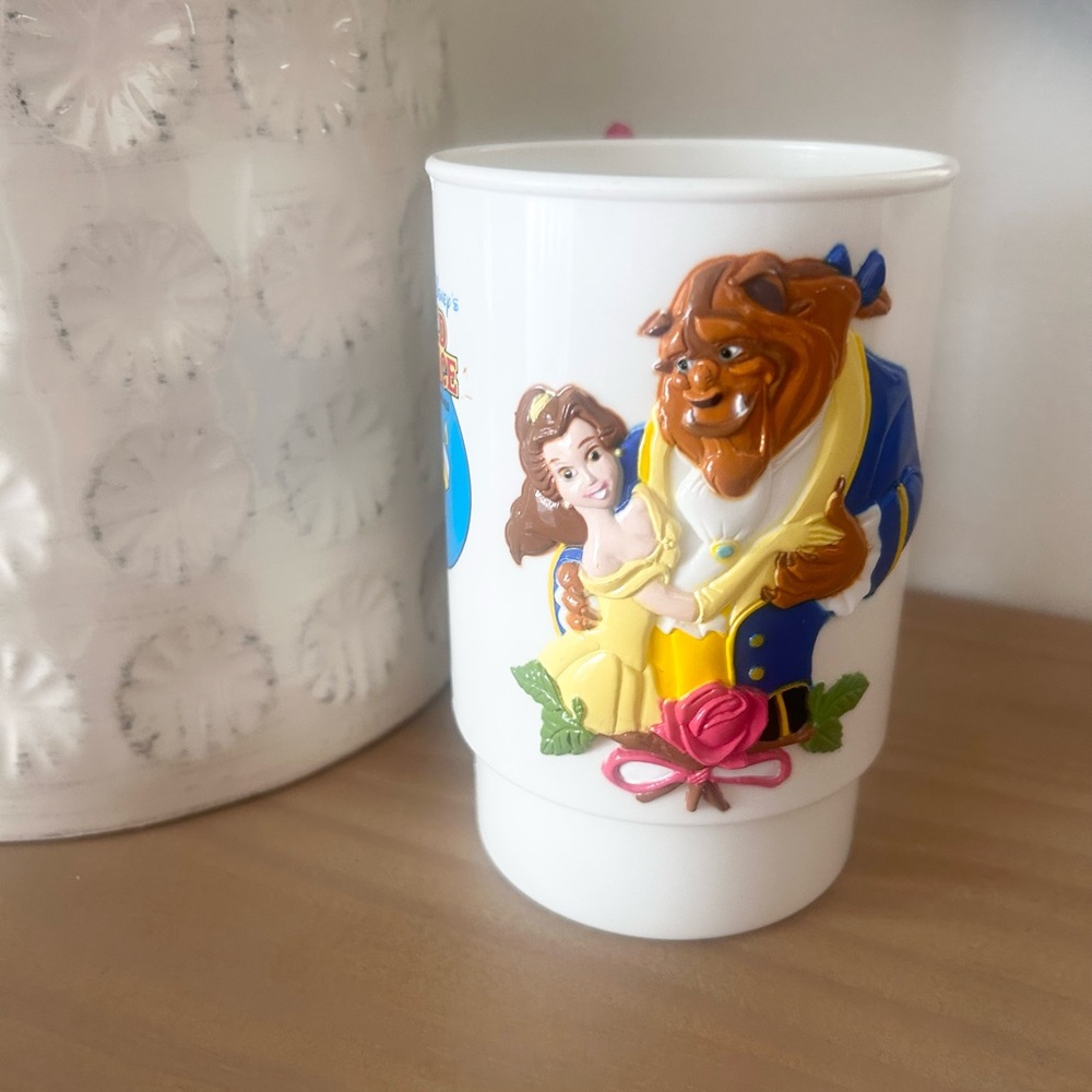 Vintage 90s Disney Beauty and the Beast Princess 3D Mug White Pink Rose Handle